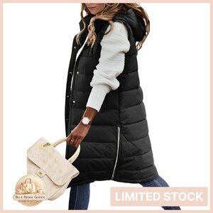 Long Hooded Puffer Vest Sleeveless Zip Up Jacket Winter Thick Coats Chic